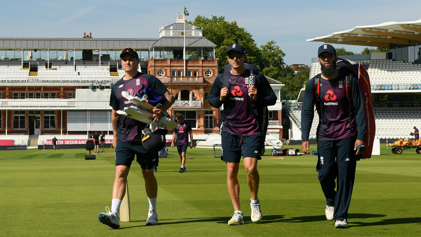 England players (from left) Jason Roy, Joe Denley and Moeen Ali at Lord’s 