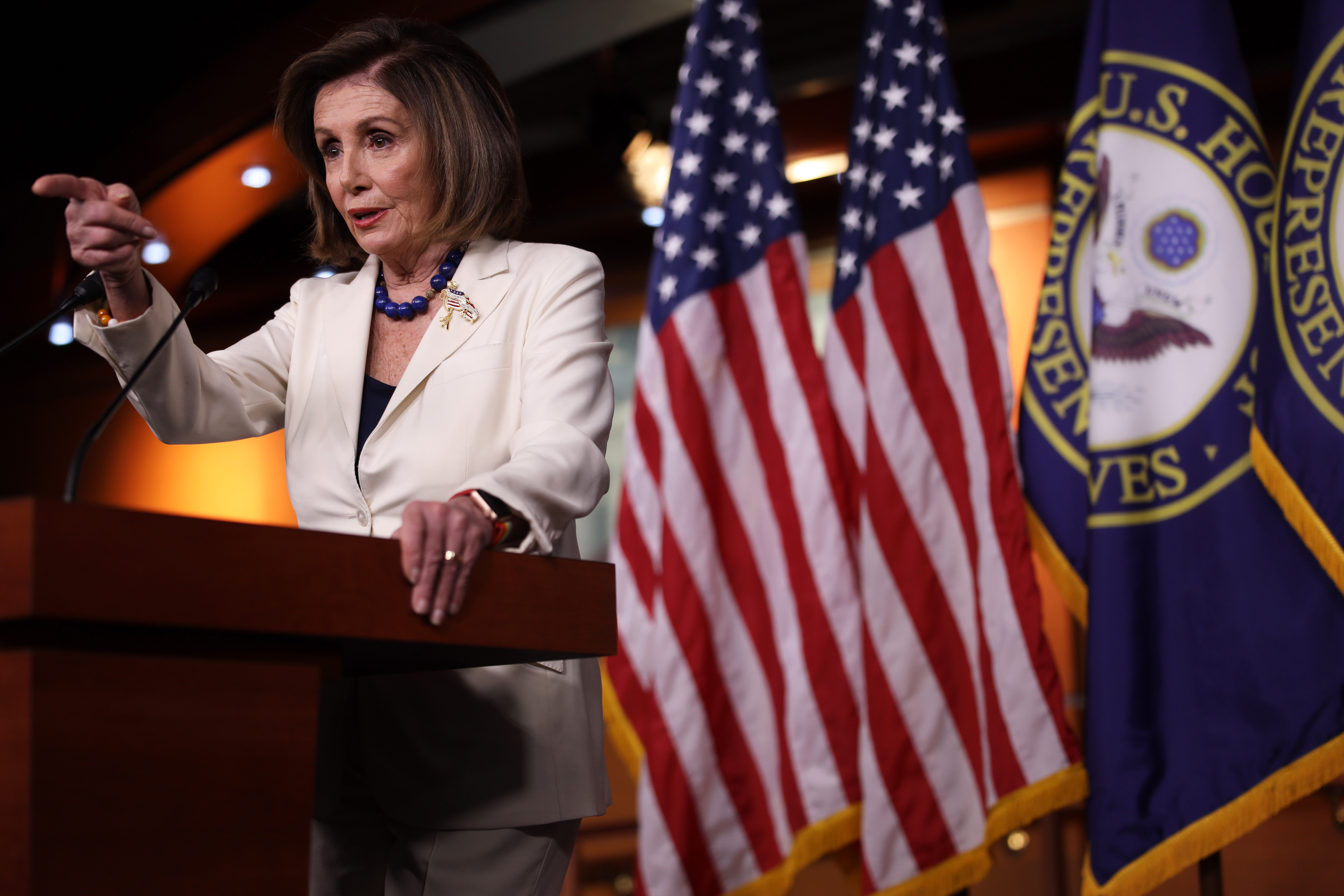 WASHINGTON, DC - DECEMBER 05:U.S. Speaker of the House Rep. Nancy Pelosi (D-CA) speaks during her weekly news conference December 5, 2019 on Capitol Hill in Washington, DC. Speaker Pelosi dis