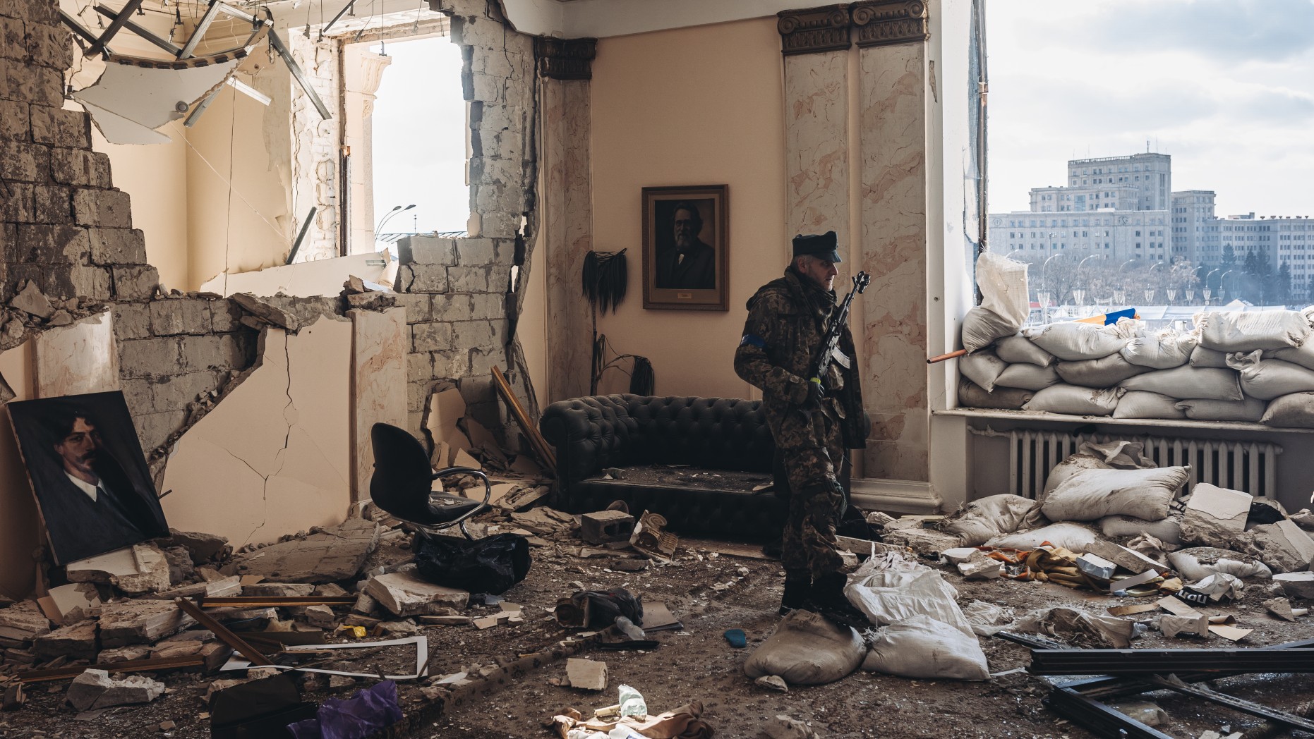 A Ukrainian soldier in a destroyed government building in Kharkov, Ukraine