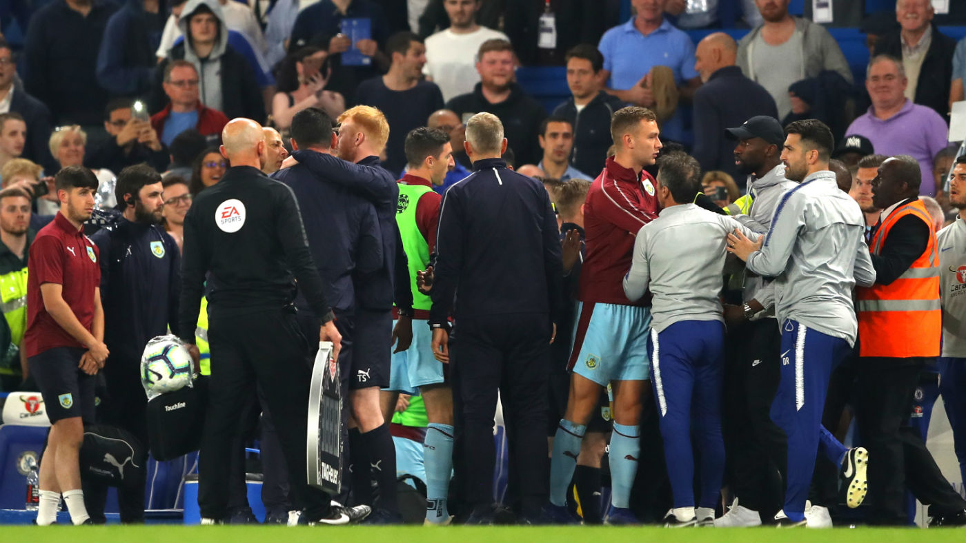 Chelsea and Burnley players and staff clash after the 2-2 draw at Stamford Bridge