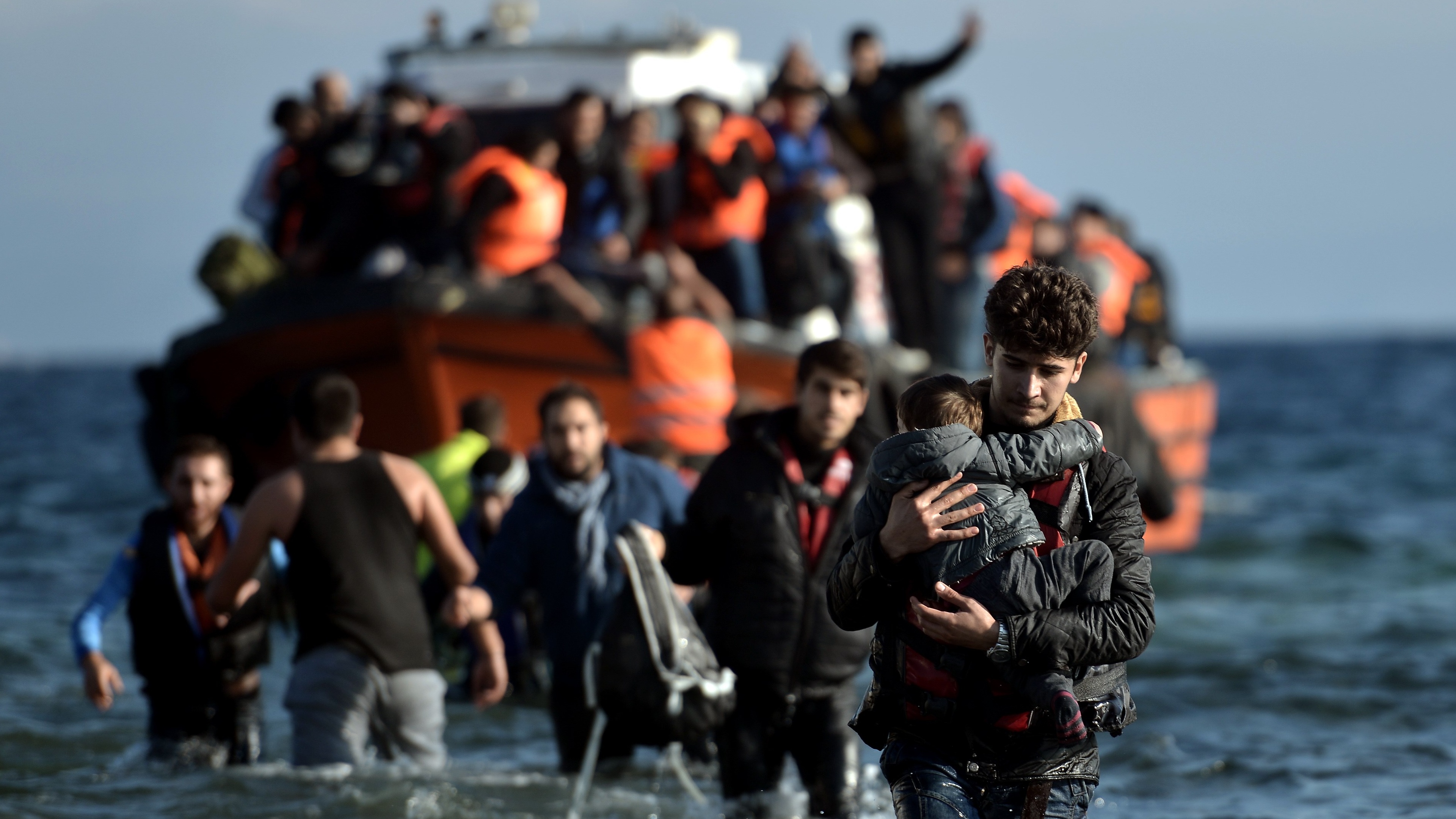 Migrants arriving on the Greek island of Lesbos