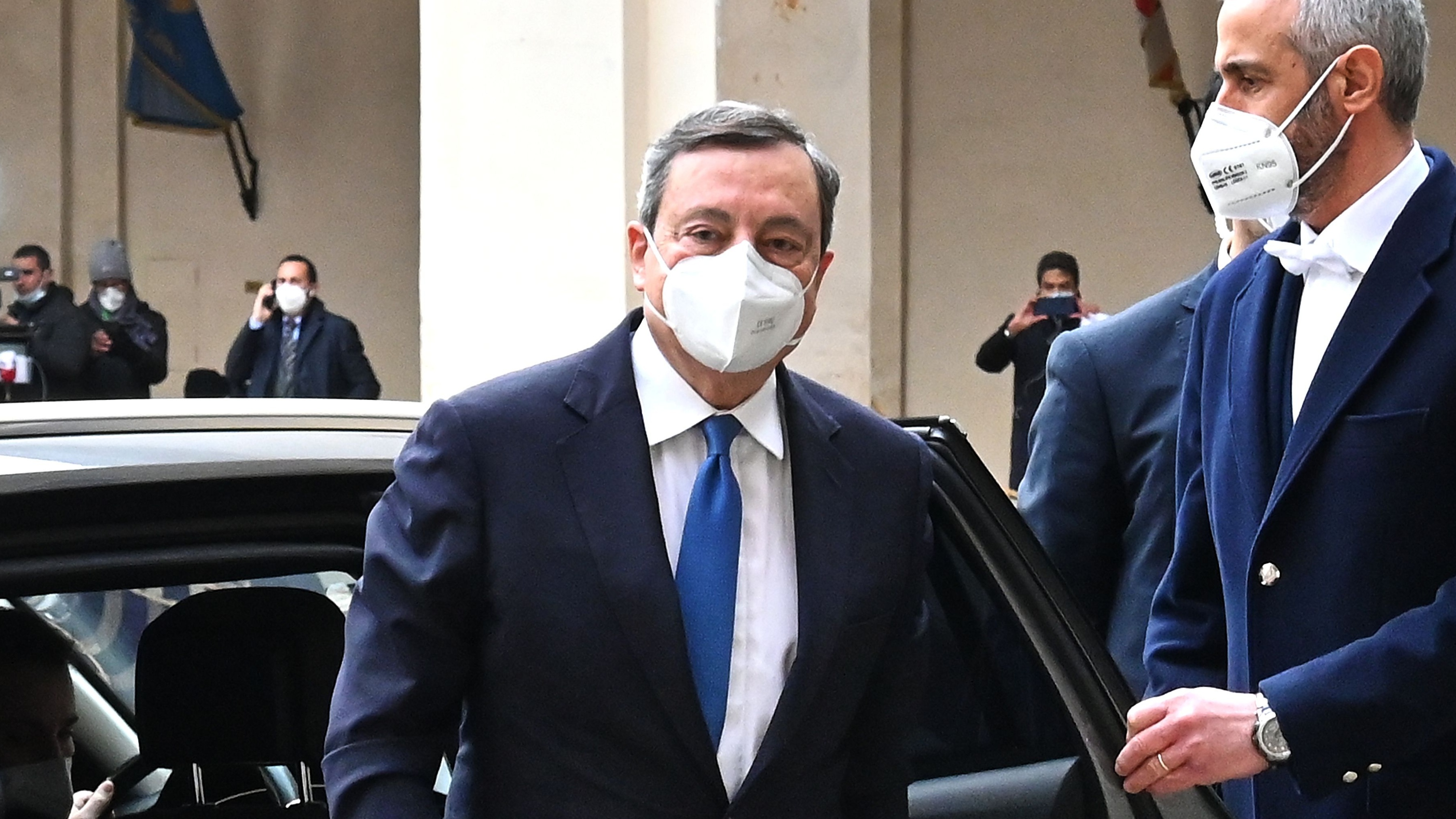 Mario Draghi arrives at the Quirinal Palace to meet with Italian President Sergio Mattarella