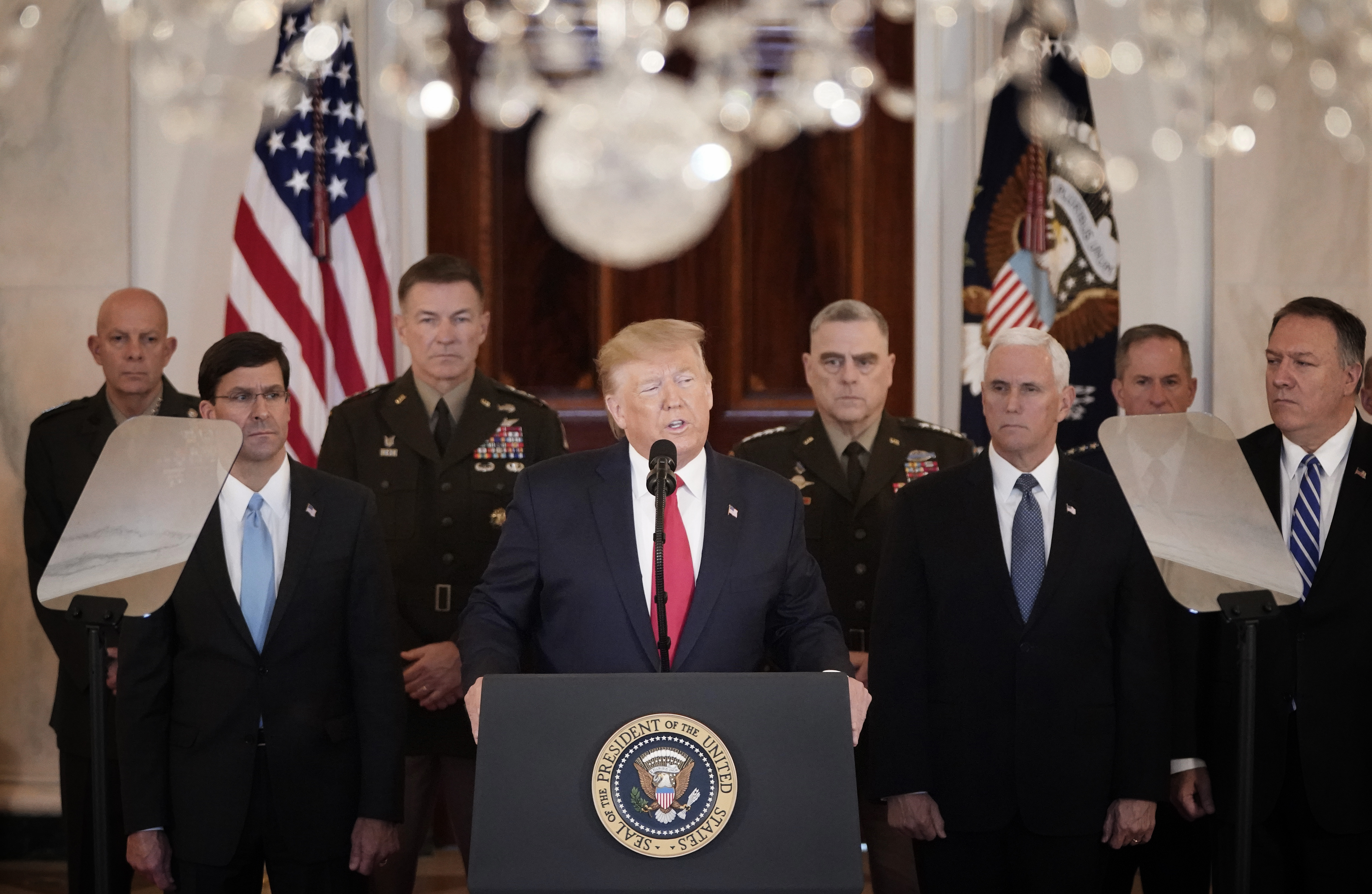 WASHINGTON, DC - JANUARY 08: U.S. President Donald Trump speaks from the White House on January 08, 2020 in Washington, DC. During his remarks, Trump addressed the Iranian missile attacks tha