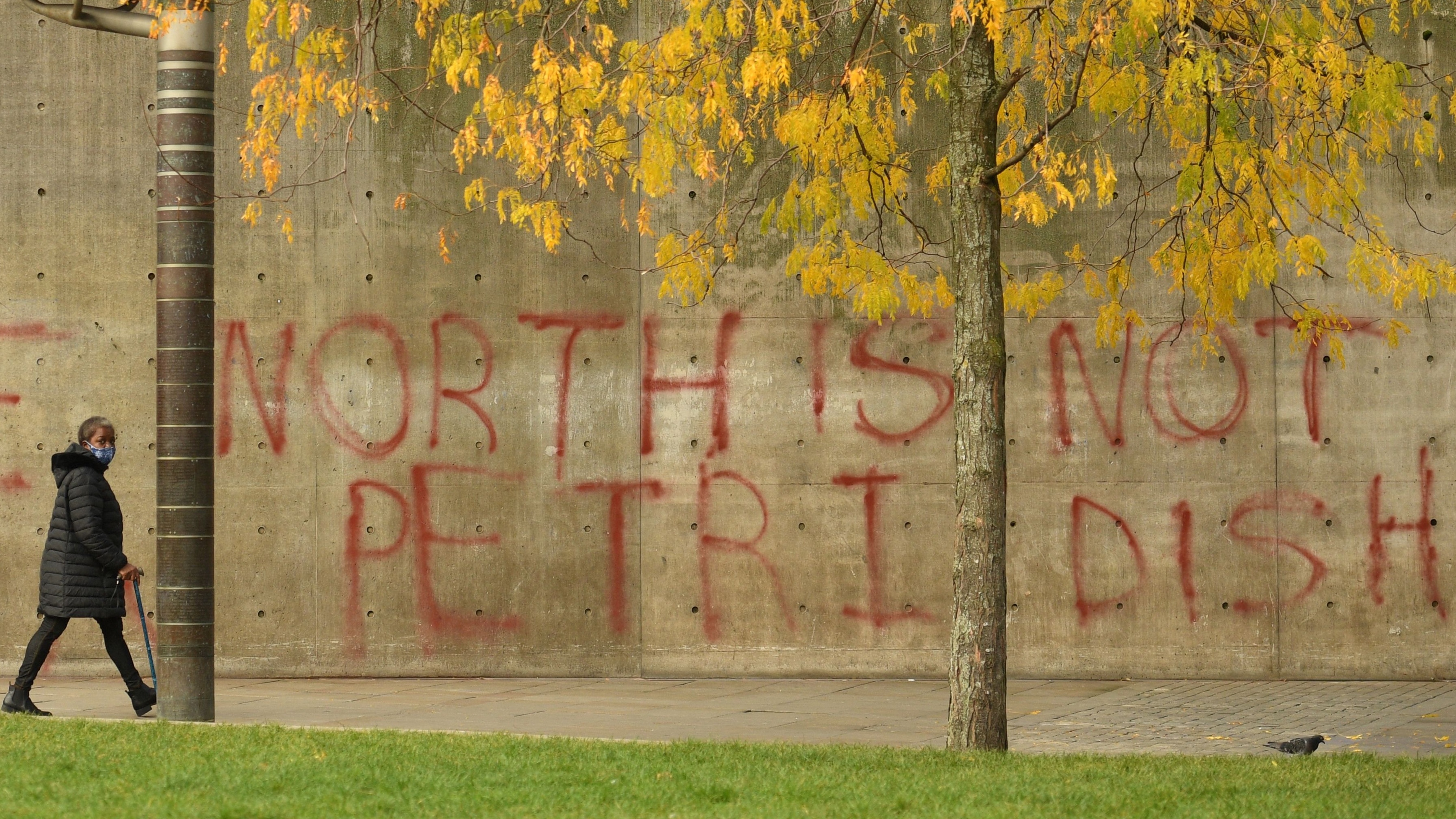 A pedestrian wearing a face-mask walks past graffiti declaring that &#039;the north is not a petri dish&#039;.