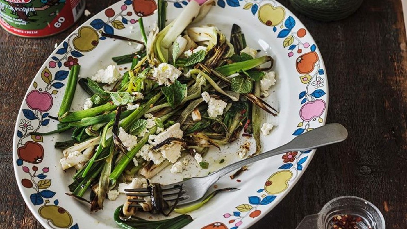 Chargrilled spring onions with feta and lemon