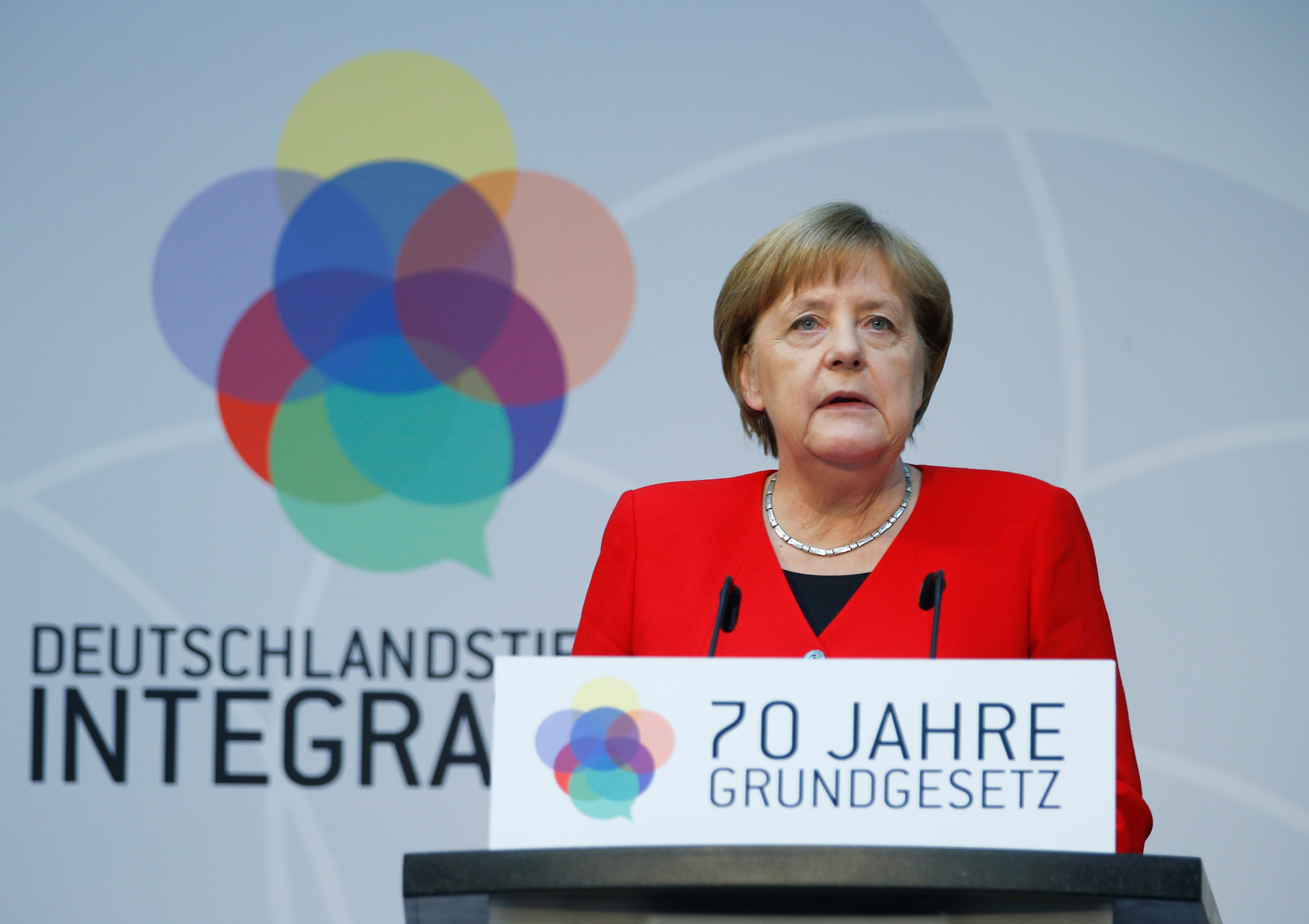 BERLIN, GERMANY - MAY 14 : German Chancellor Angela Merkel delivers a speech during an event marking the 70th anniversary of the German Basic Law (Grundgesetz) in Berlin, Germany on May 14, 2