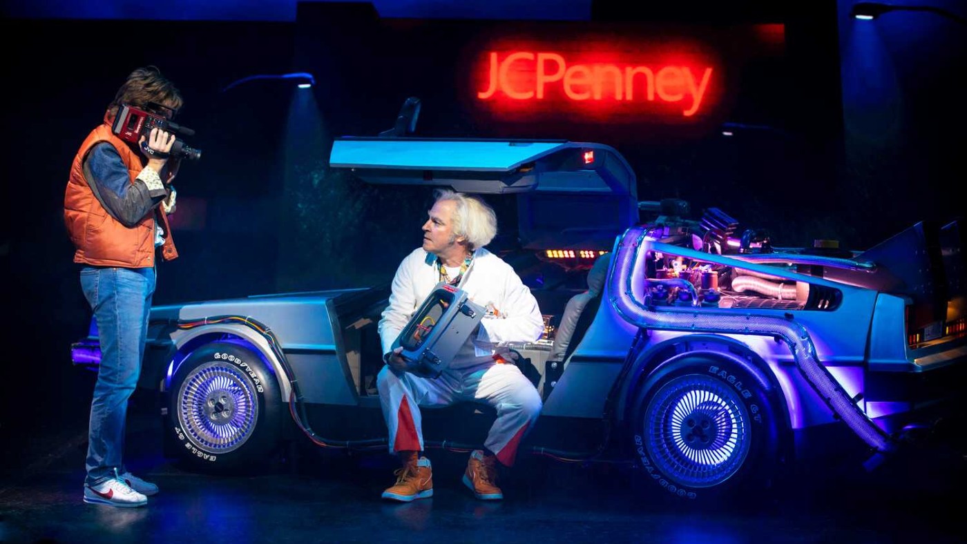 Olly Dobson as Marty McFly and Roger Bart as Doc Brown in Back to the Future the musical 