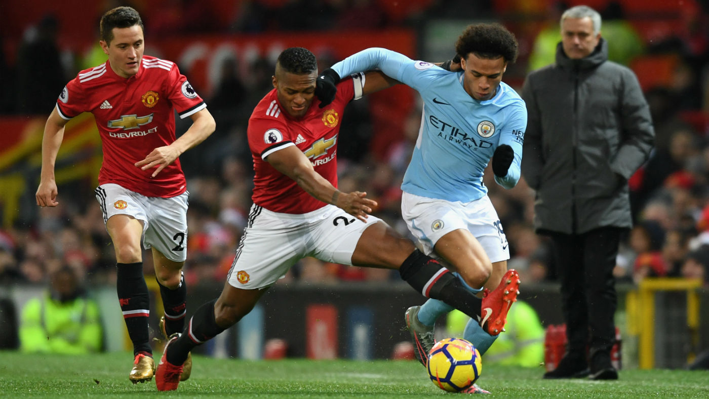 Manchester City winger Leroy Sane in action against Manchester United at Old Trafford in December 2017