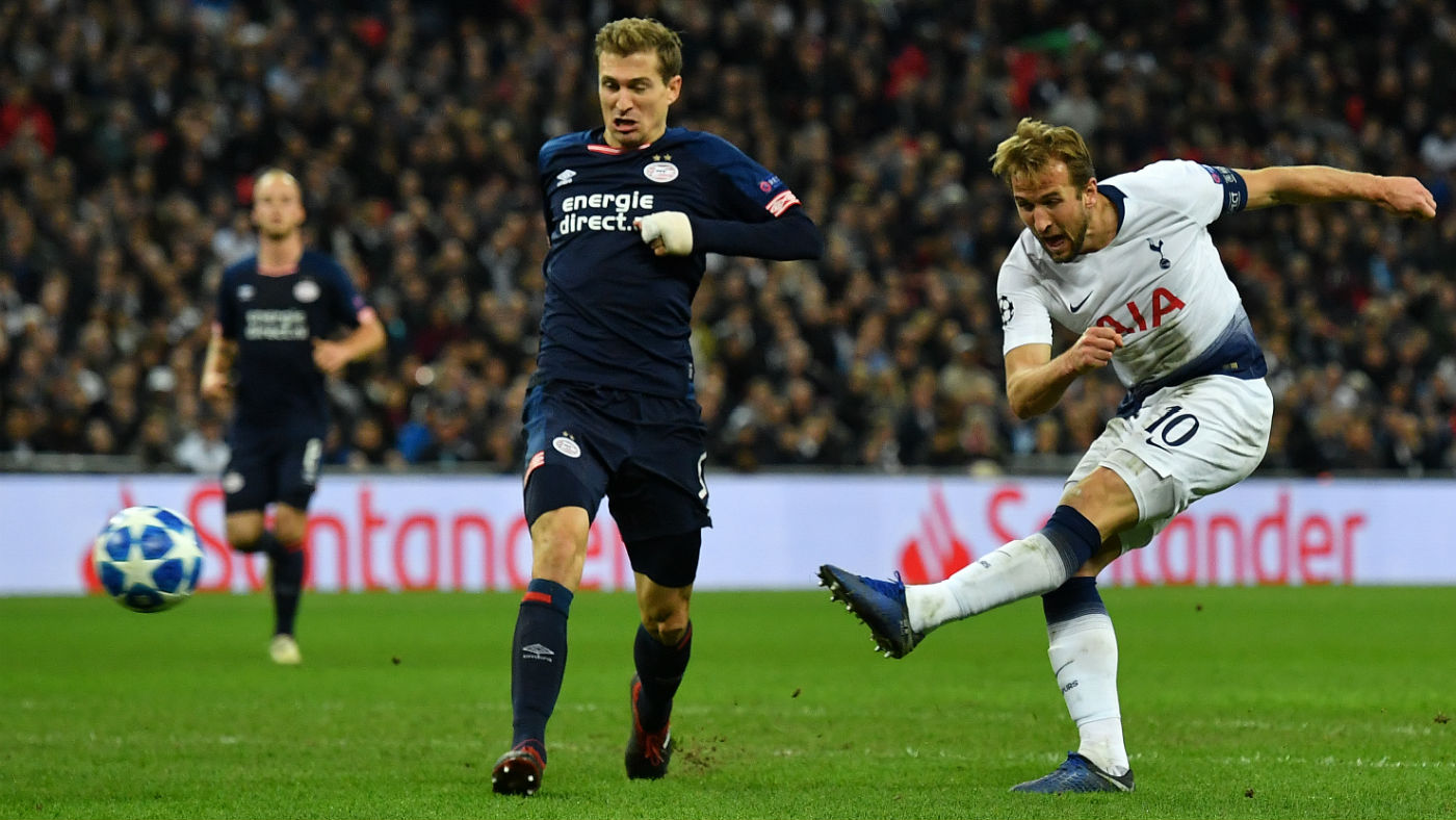 Harry Kane scores the equaliser for Tottenham in the 2-1 win against PSV Eindhoven