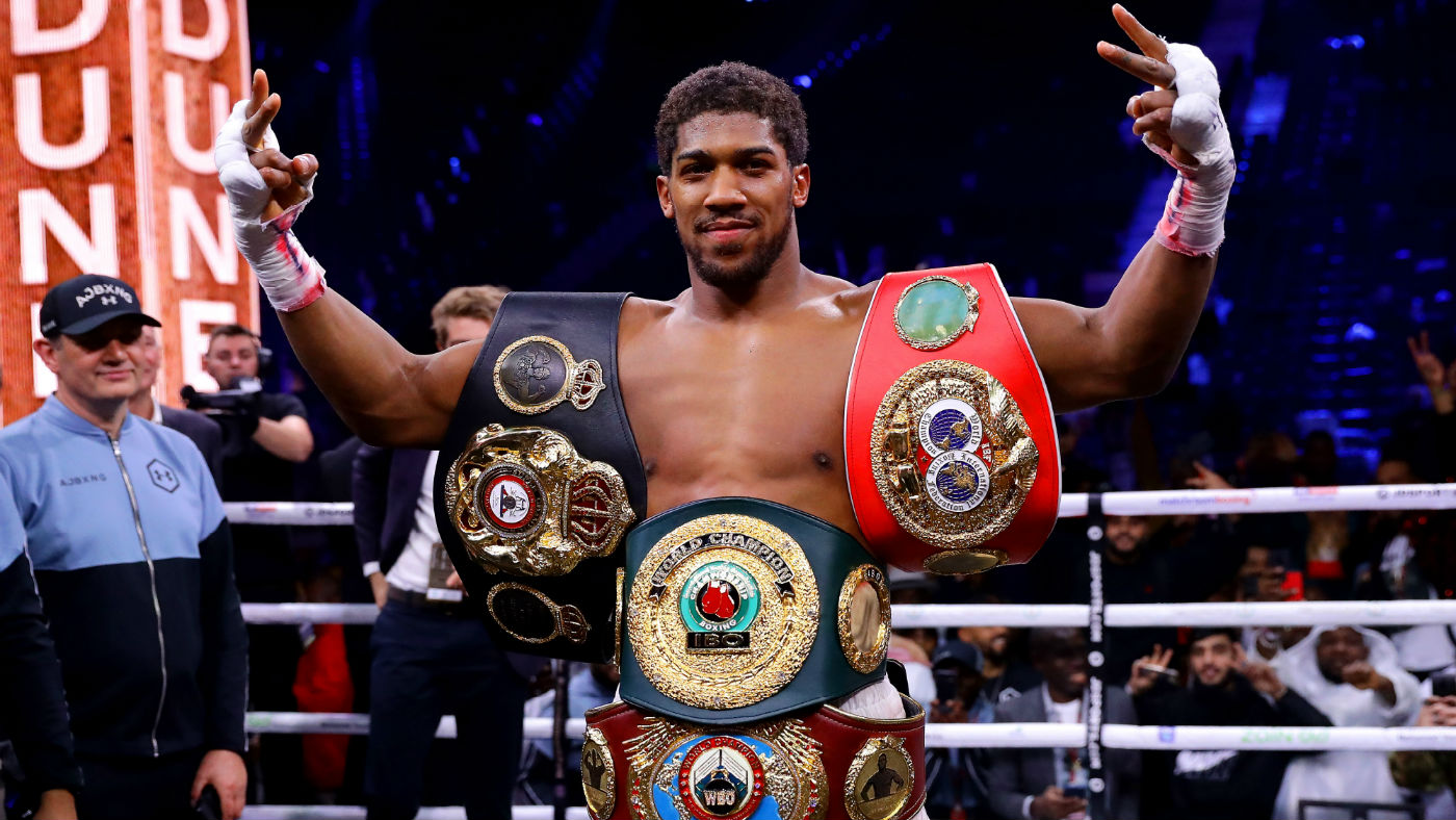 Anthony Joshua celebrates his victory in the rematch against Andy Ruiz Jr in Saudi Arabia