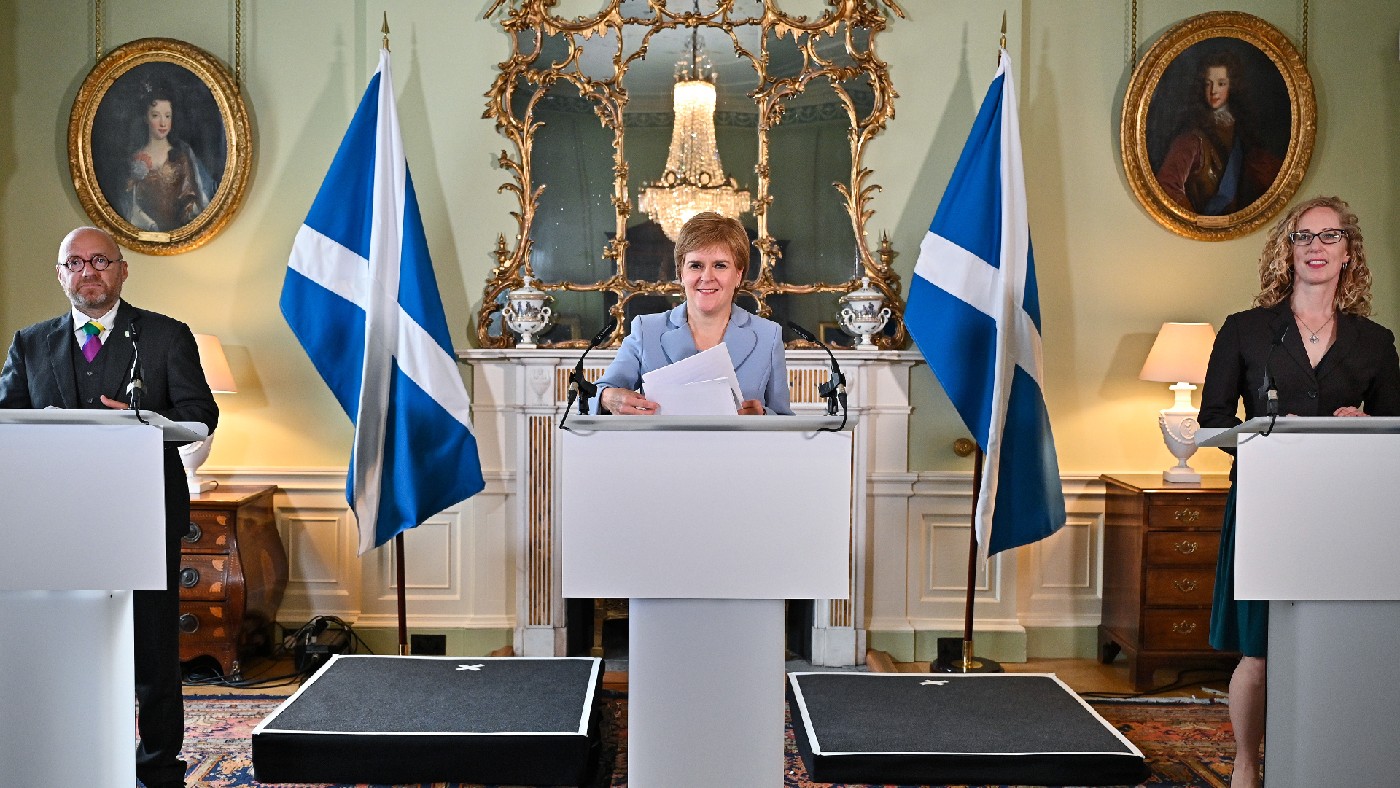 Nicola Sturgeon holds a media briefing with Scottish Greens co-leaders Patrick Harvie and Lorna Slater at Bute House on 20 August 2021 in Edinburgh