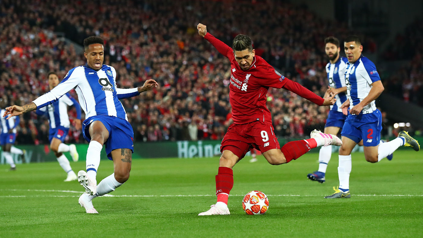 Liverpool striker Roberto Firmino in action against FC Porto in the Champions League quarter-final first leg at Anfield 