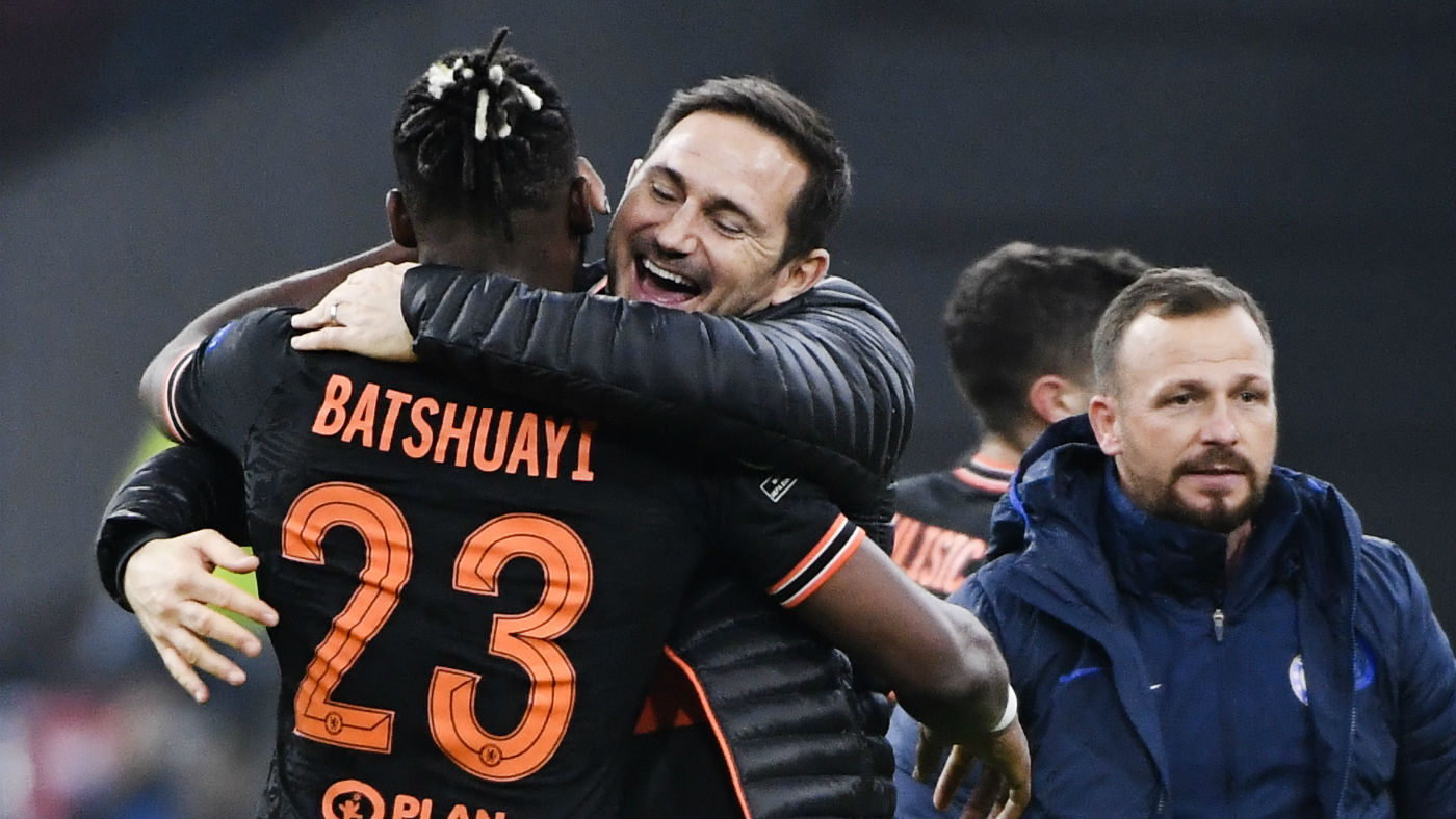 Chelsea goalscorer Michy Batshuayi is congratulated by manager Frank Lampard  