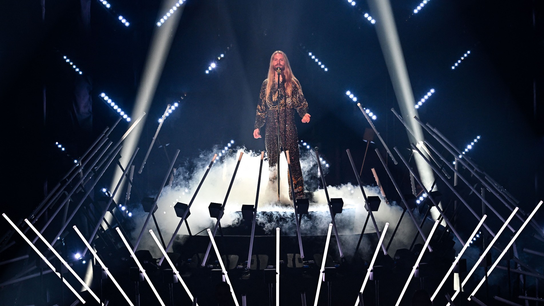 Sam Ryder, the UK Eurovision entrant in 2022, performs during this year’s contest in Liverpool 