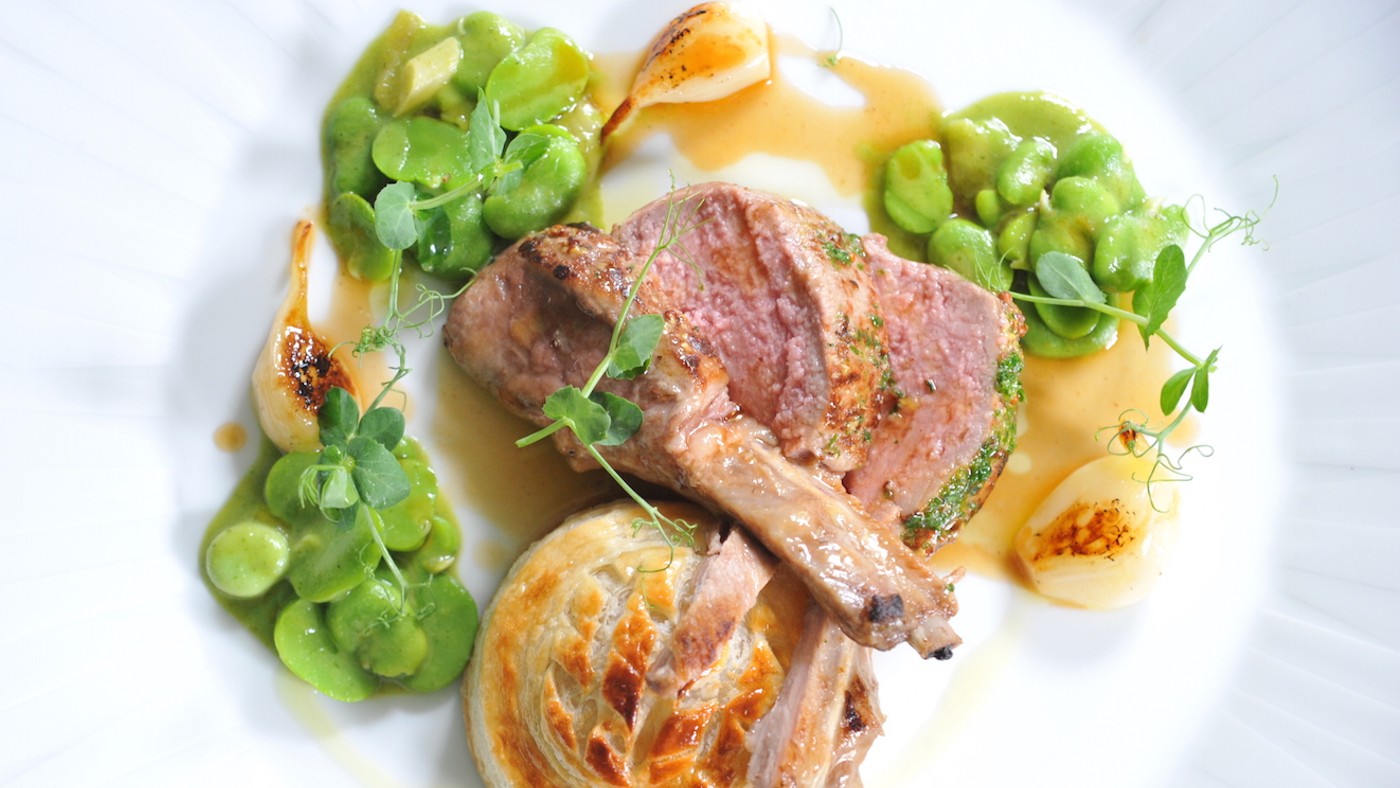 Rack of lamb with broad beans and sweetbread pie is on the menu at The Walnut Tree 