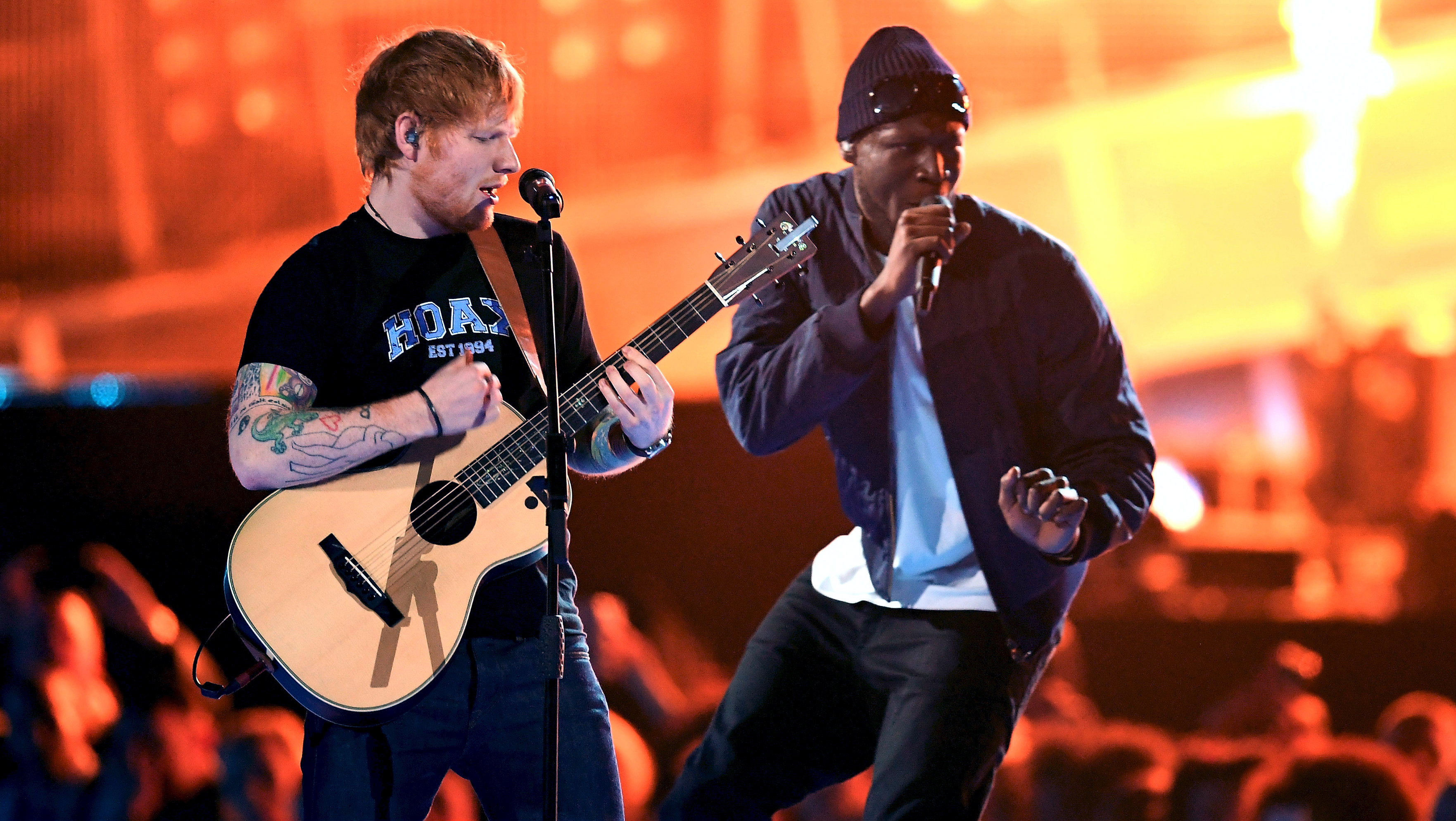 Ed Sheeran and Stormzy team up on stage during the Brit Awards at the O2 Arena in London