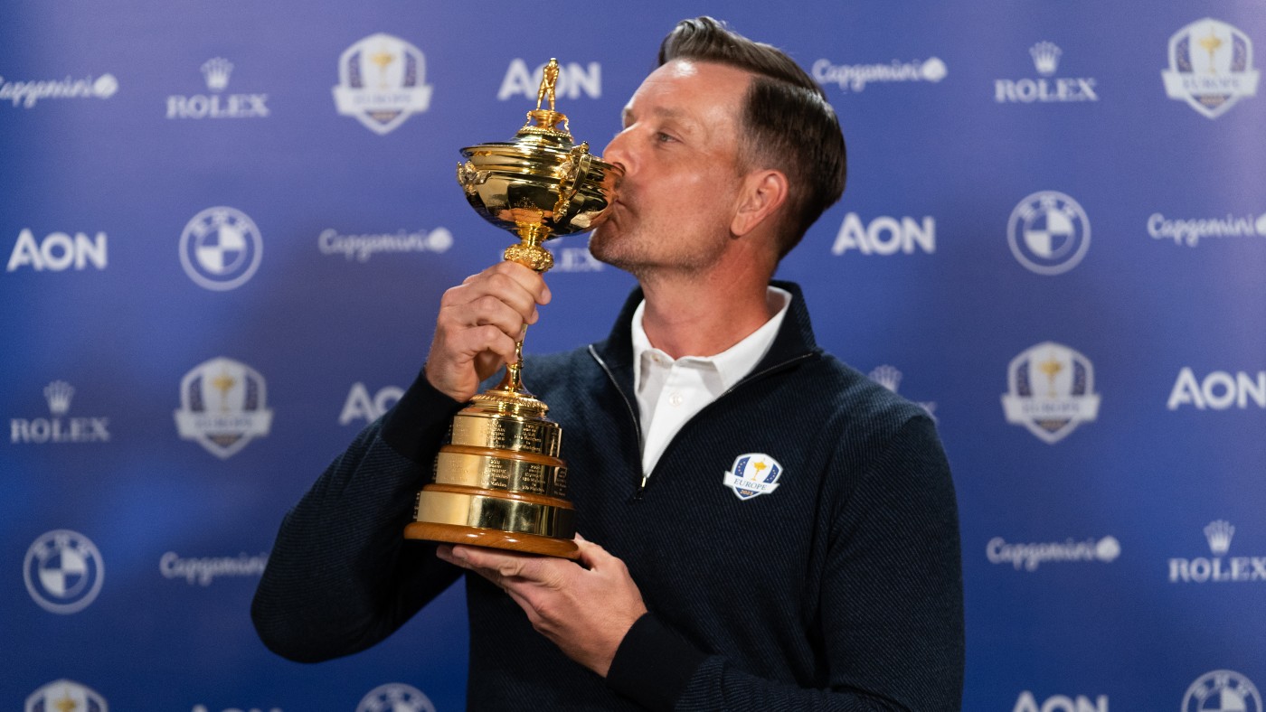 Henrik Stenson poses with the Ryder Cup in March