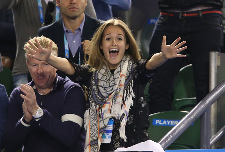 MELBOURNE, AUSTRALIA - JANUARY 29:Girlfriend of Andy Murray, Kim Sears celebrates as Andy Murray of Great Britain wins his semifinal match against Tomas Berdych of the Czech Republic during d
