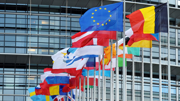 Flags outside European Parliament 
