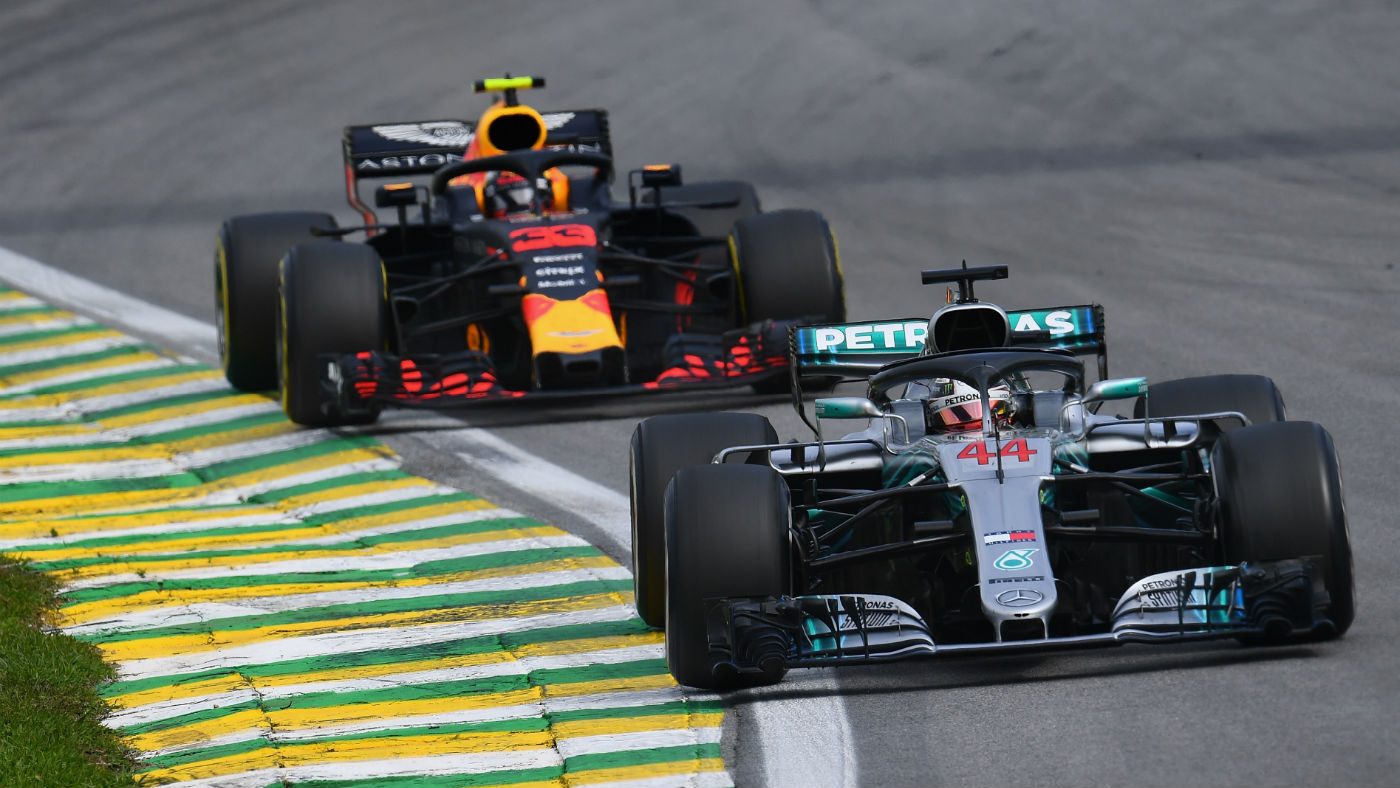 Mercedes driver Lewis Hamilton and Red Bull’s Max Verstappen at the 2018 Brazilian GP