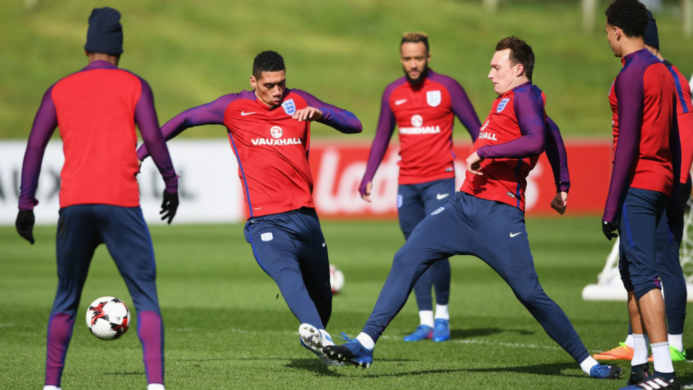 Chris Smalling and Phil Jones in England training