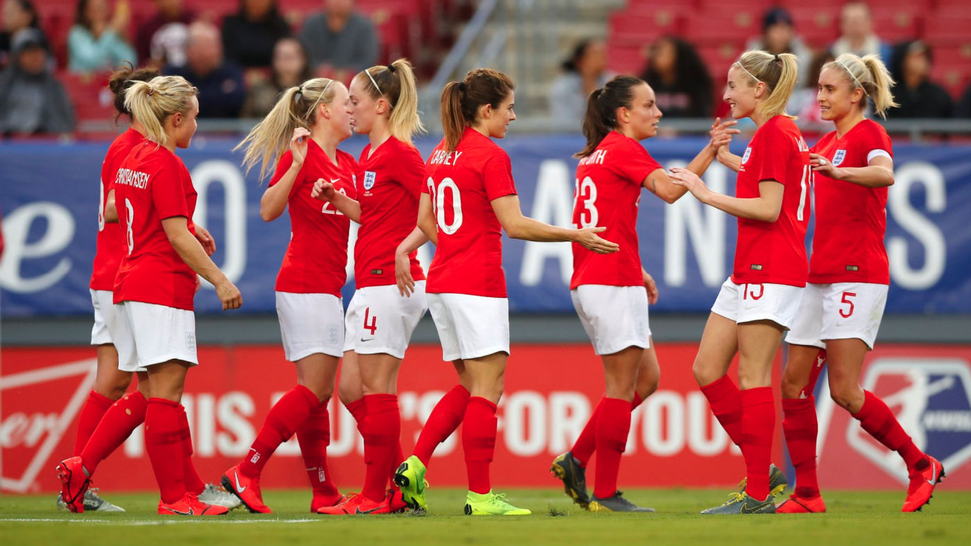 England women celebrate a goal against Japan in the SheBelieves Cup football