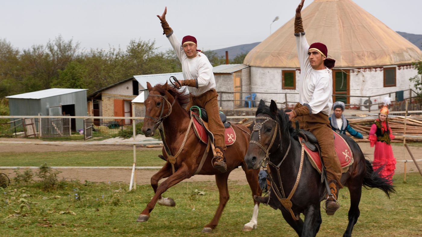 Kazakh horse riders at Huns ethno village  