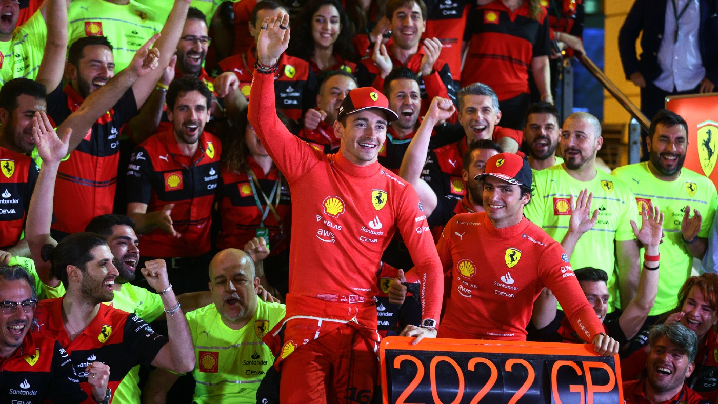 Ferrari drivers Charles Leclerc and Carlos Sainz celebrate in Bahrain