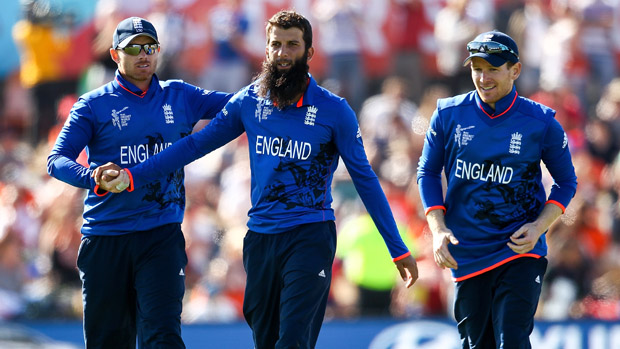 Moeen Ali with his England teammates 