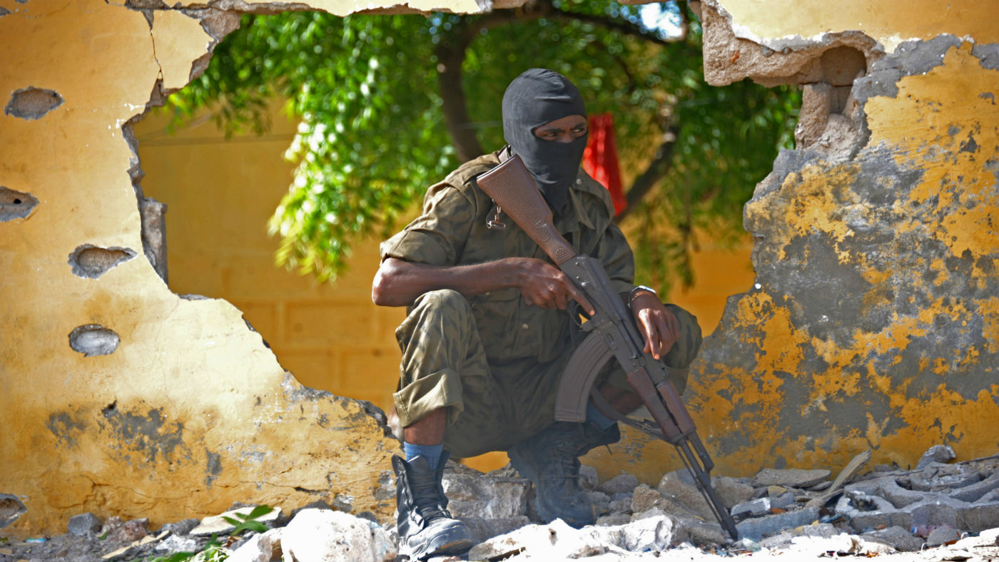 A Somali soldier responding to an Al Shabaab suicide attack in Mogadishu
