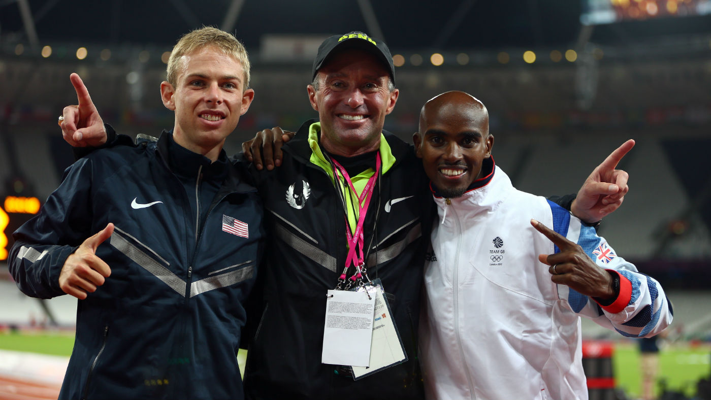 Britain’s Mo Farah (right) with former coach Alberto Salazar (centre) and US athlete Galen Rupp (left) 