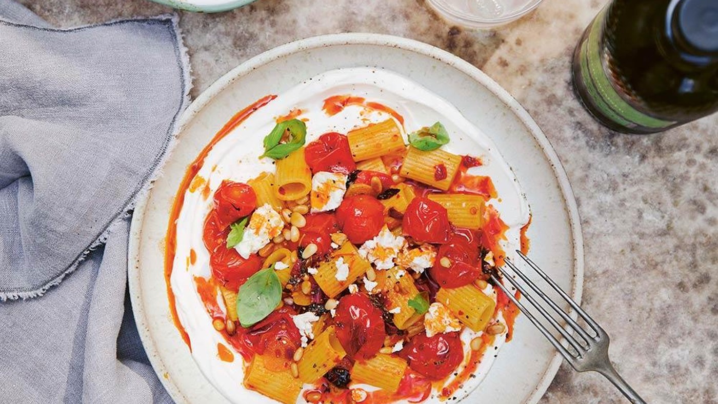 Harissa, tomato and lemon yoghurt rigatoni recipe from Green Kitchen: Quick + Slow by David Frenkiel and Luise Vindahl