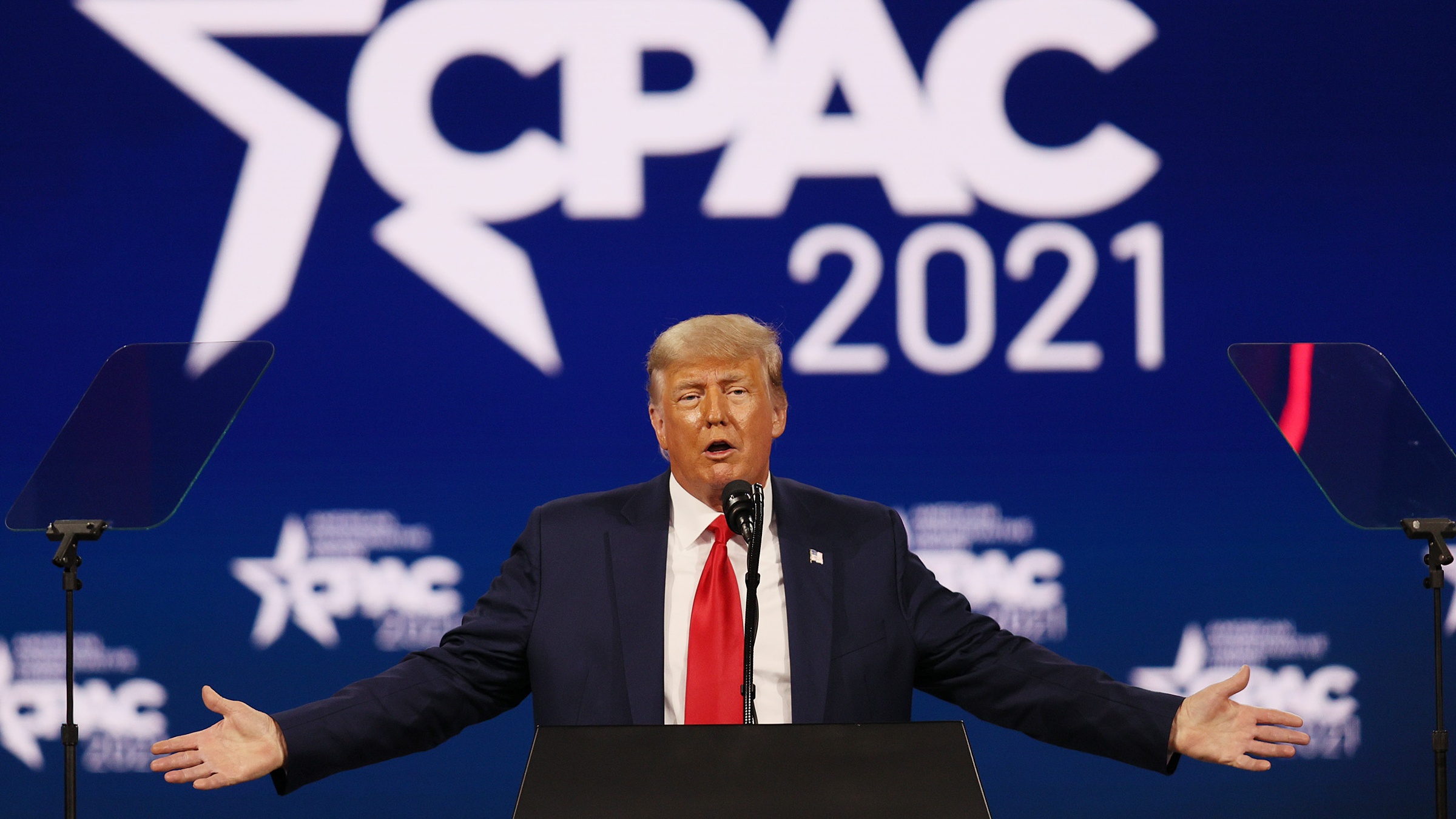 Donald Trump addresses the 2021 Conservative Political Action Conference at the Hyatt Regency Orlando hotel in Florida
