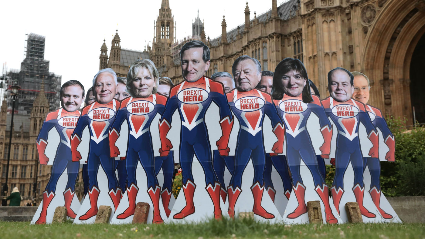 Cardboard cutouts of Tory Brexit rebels outside parliament last month
