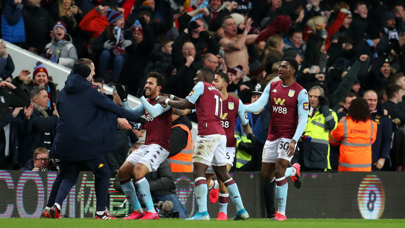 Aston Villa’s Mahmoud Trezeguet celebrates his late winner against Leicester City 