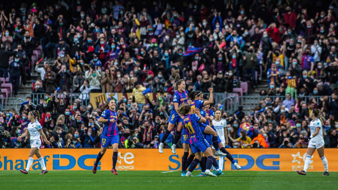 Barcelona players celebrate a goal against Real Madrid in the Uefa Women’s Champions League   