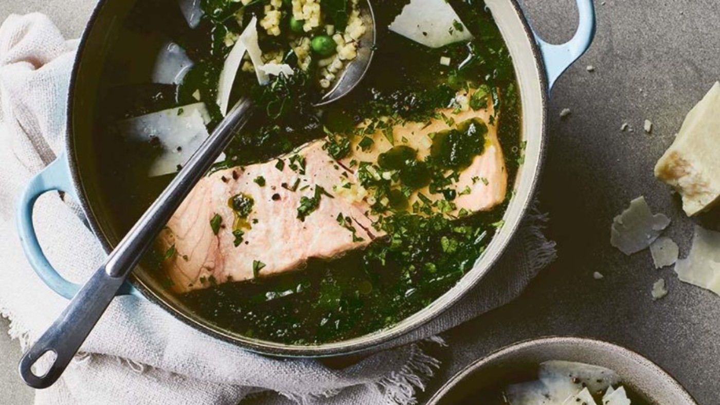 Salmon and pasta broth with watercress oil