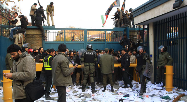 Protesters storm British embassy in Tehran, Iran, in 2011