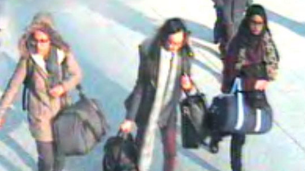 Three British schoolgirls at Gatwick Airport