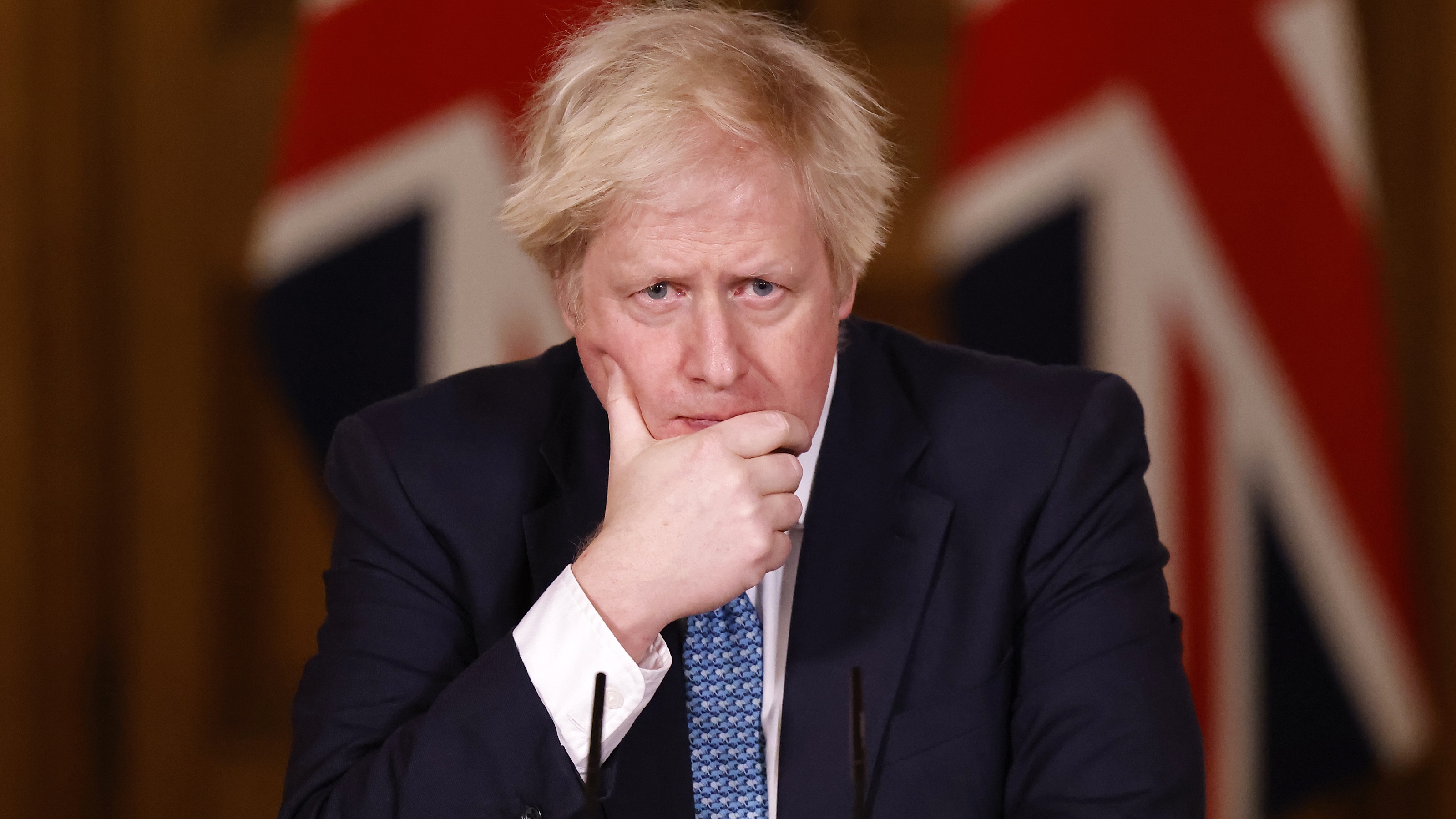 Boris Johnson speaks during a virtual press conference at No.10
