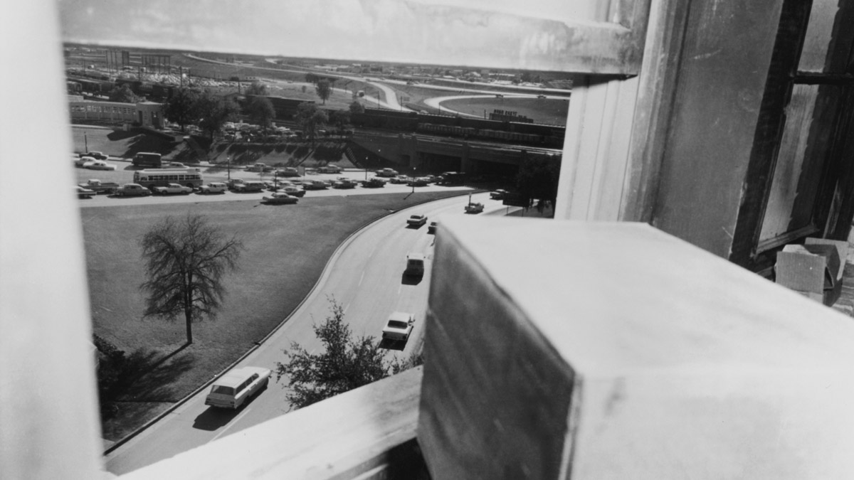 The view from the sixth floor window of the Texas School Book Depository in Dallas, from which Lee Harvey Oswald is thought to have assassinated President John F. Kennedy, 22nd November 1963.