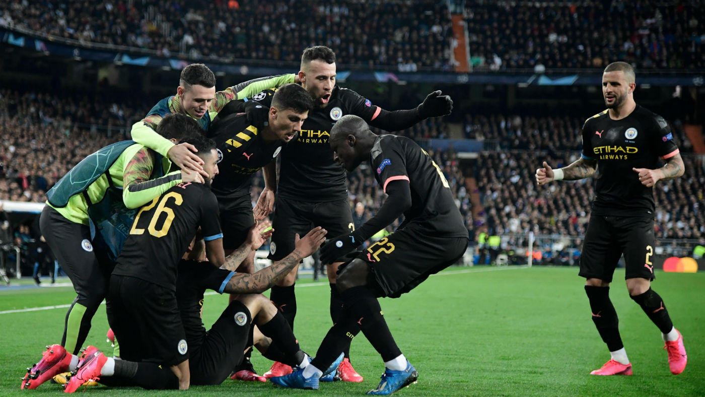 Man City players celebrate Gabriel Jesus’s goal against Real Madrid 