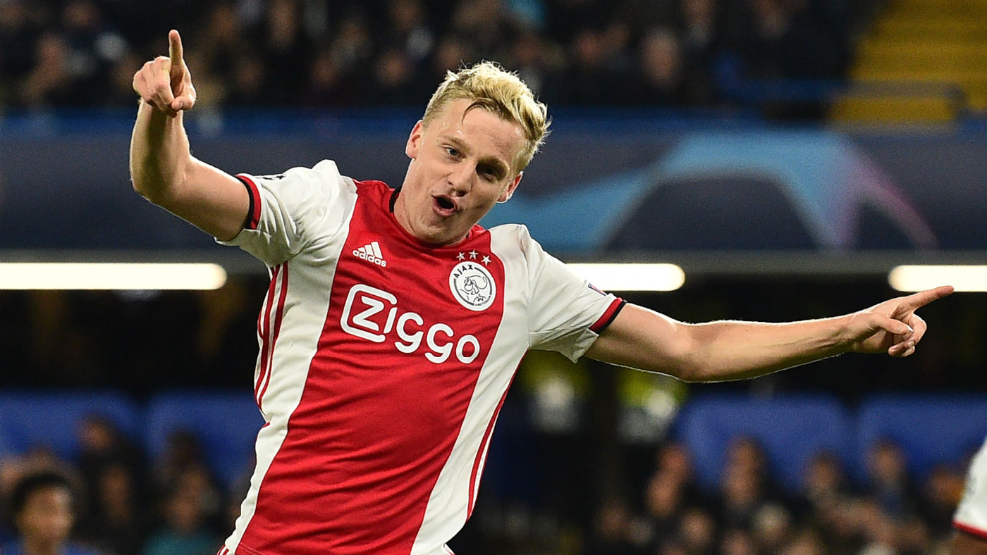 Donny van de Beek celebrates scoring a goal for Ajax in the Champions League 
