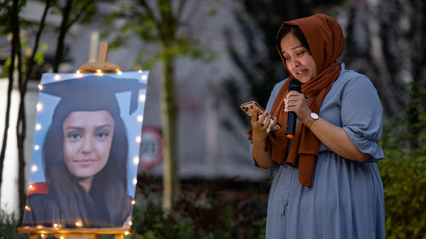 Jebina Yasmin Islam speaks at a candlelight vigil for her sister on 24 September 2021