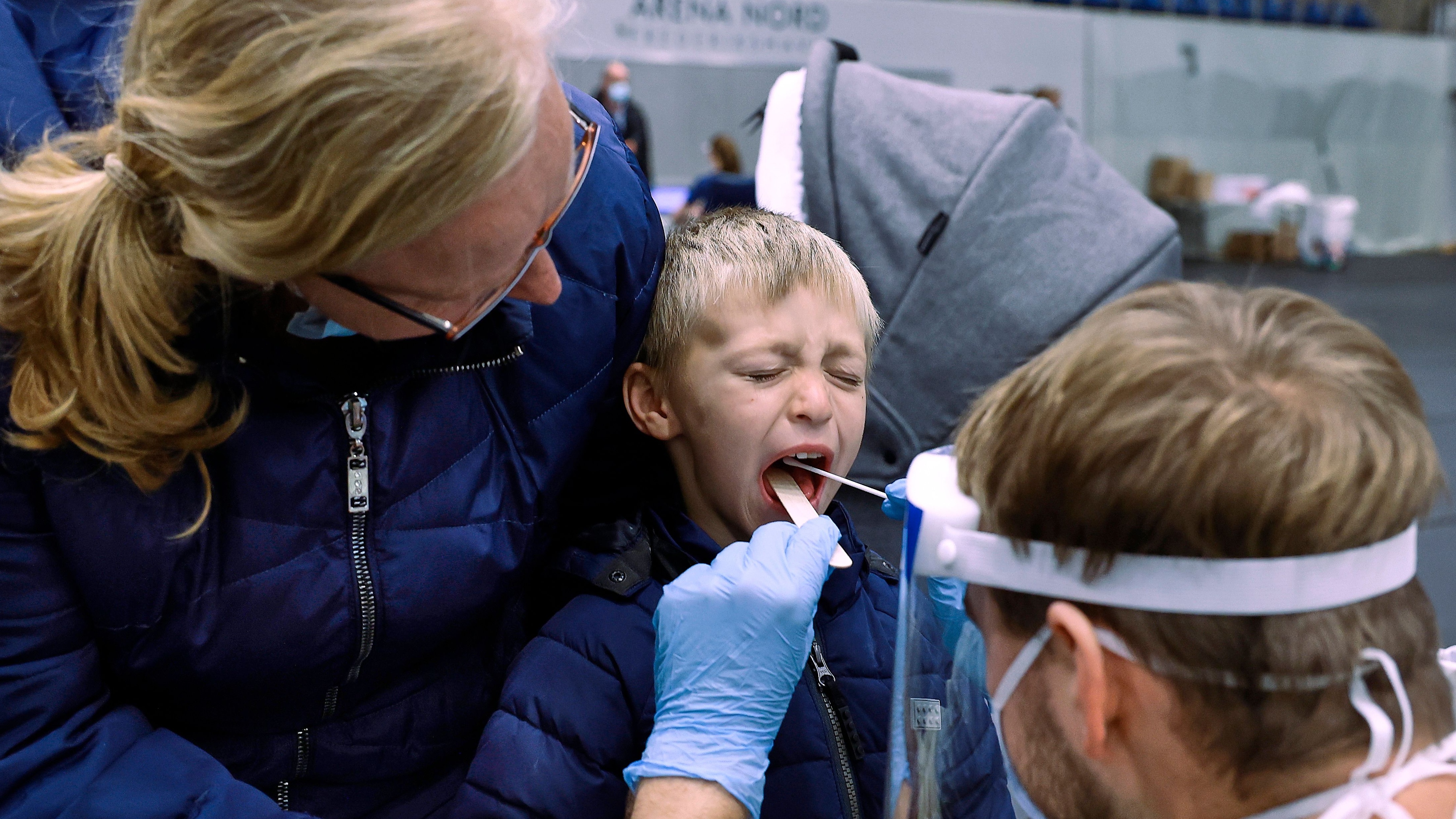 A child is swabbed during a Covid test in Northern Jutland, Denmark