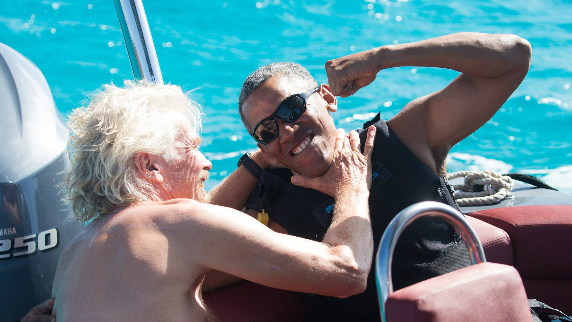 Sir Richard Branson jokes with Barack Obama while on holiday in the British Virgin Islands