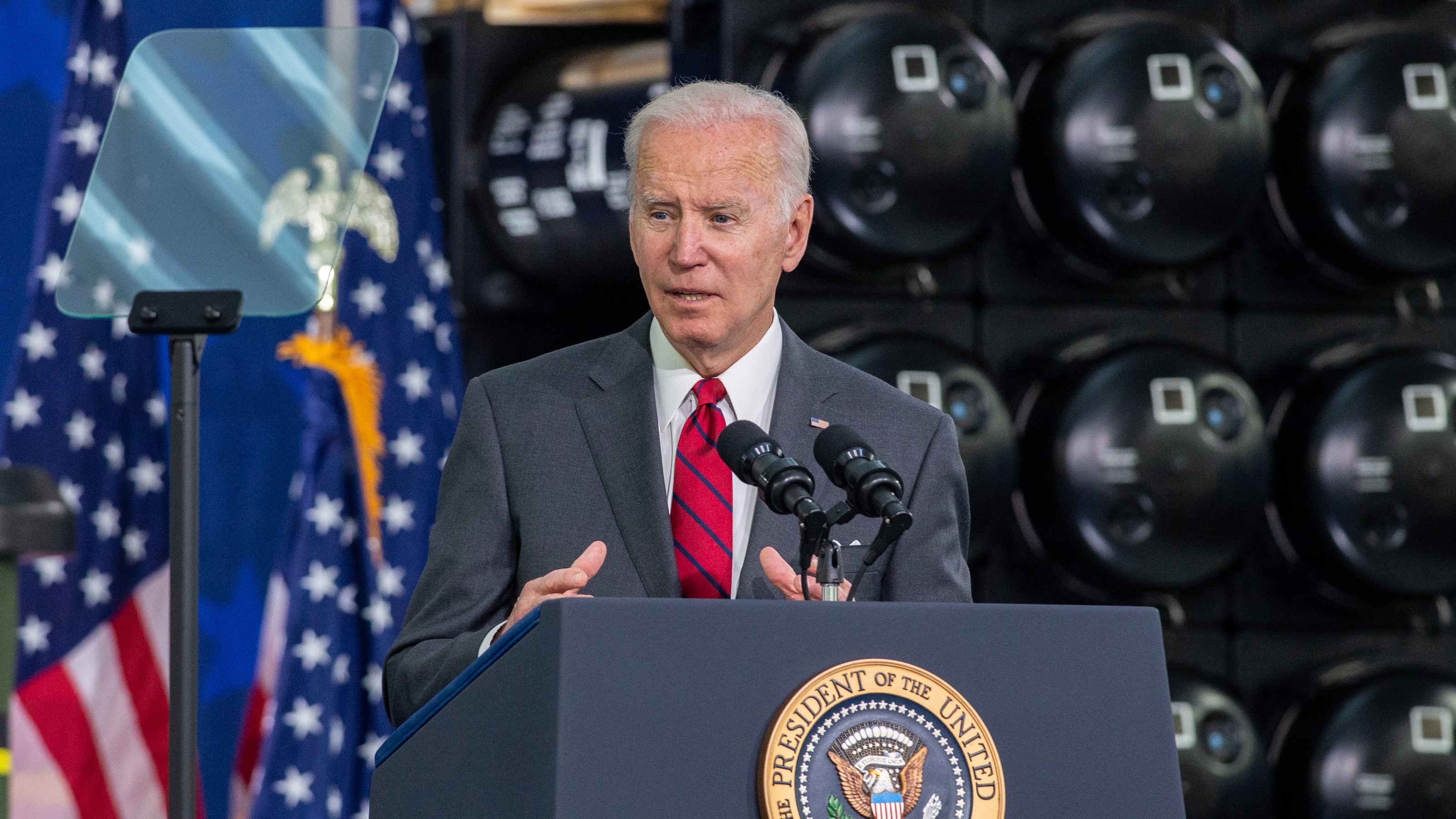 Joe Biden addresses reporters at a Lockheed Martin factory in Troy, Alabama