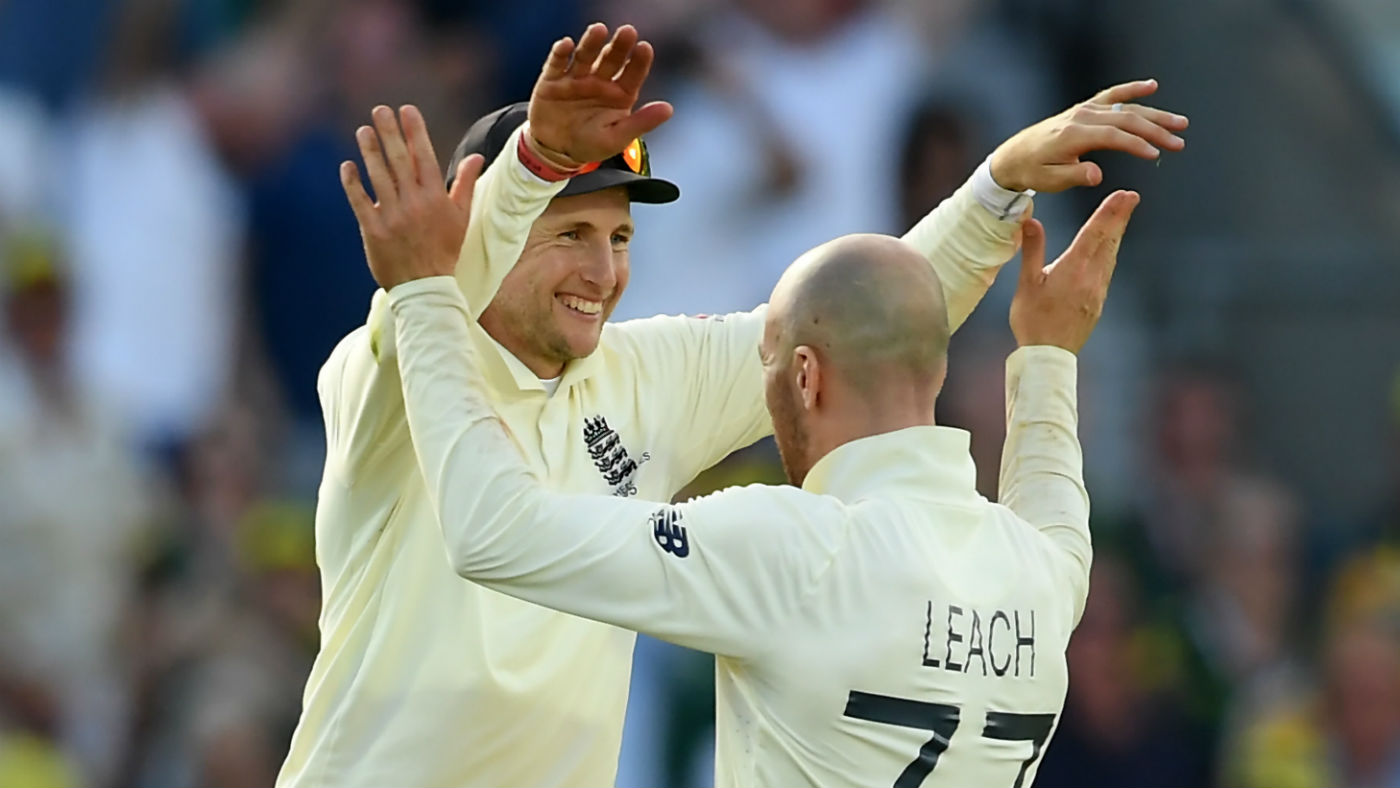 Joe Root and Jack Leach celebrate England’s victory in the fifth Ashes Test against Australia 
