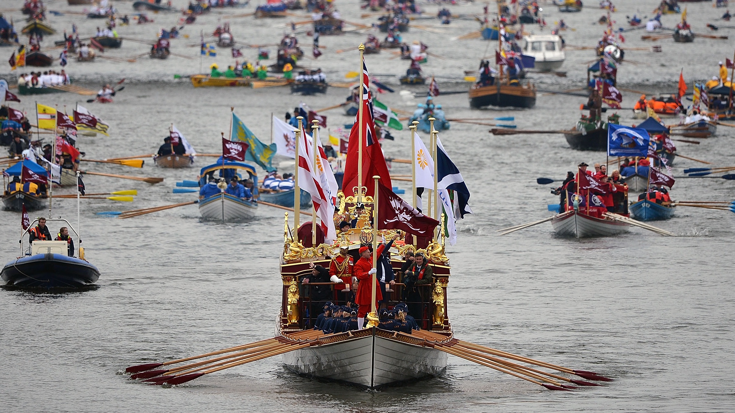The Queen, along with all members of the royal family, participatec in a River Pageant with a flotilla of a 1,000 boats accompanying them down the Thames as part of the Diamond Jubilee celebrations
