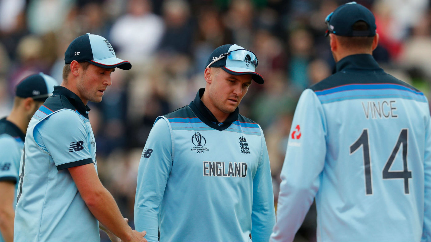 England’s Jason Roy (centre) was injured in the Cricket World Cup victory against the West Indies